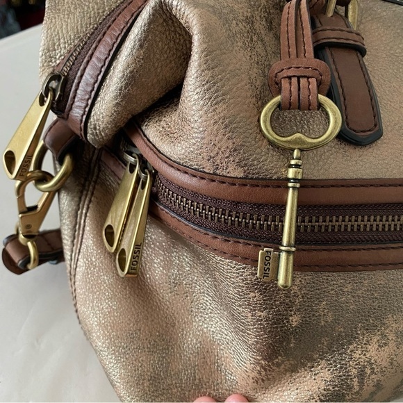 Fossil Explorer Leather Metallic Gold Brown Crossbody Large Satchel Tote Bag - Picture 7 of 8